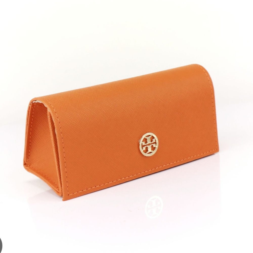 Tory Burch Saffiano Leather Orange Sunglass Case With Emblem and Flap Closure